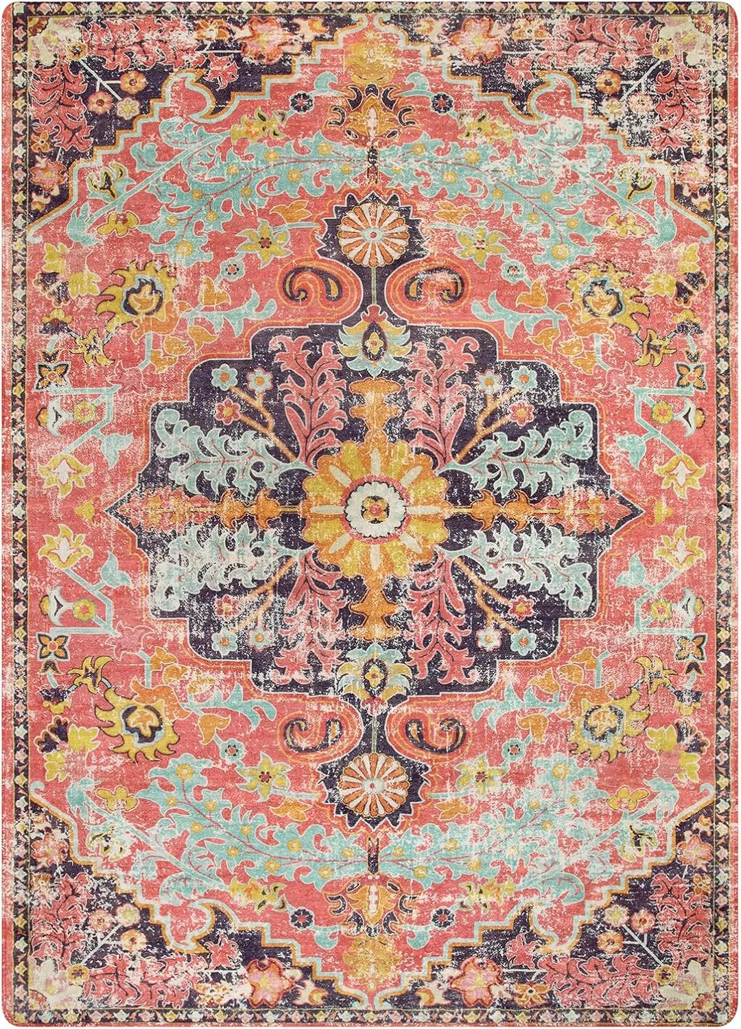Lahome 5x7 Boho Living Room Rug Colorful Bedroom Rug, Large Bohemian Nursery Rug, Hot Pink Non-Slip Machine Washable Soft Playroom Mat Indoor Floor Accent Carpet for Dining Table Mud Room