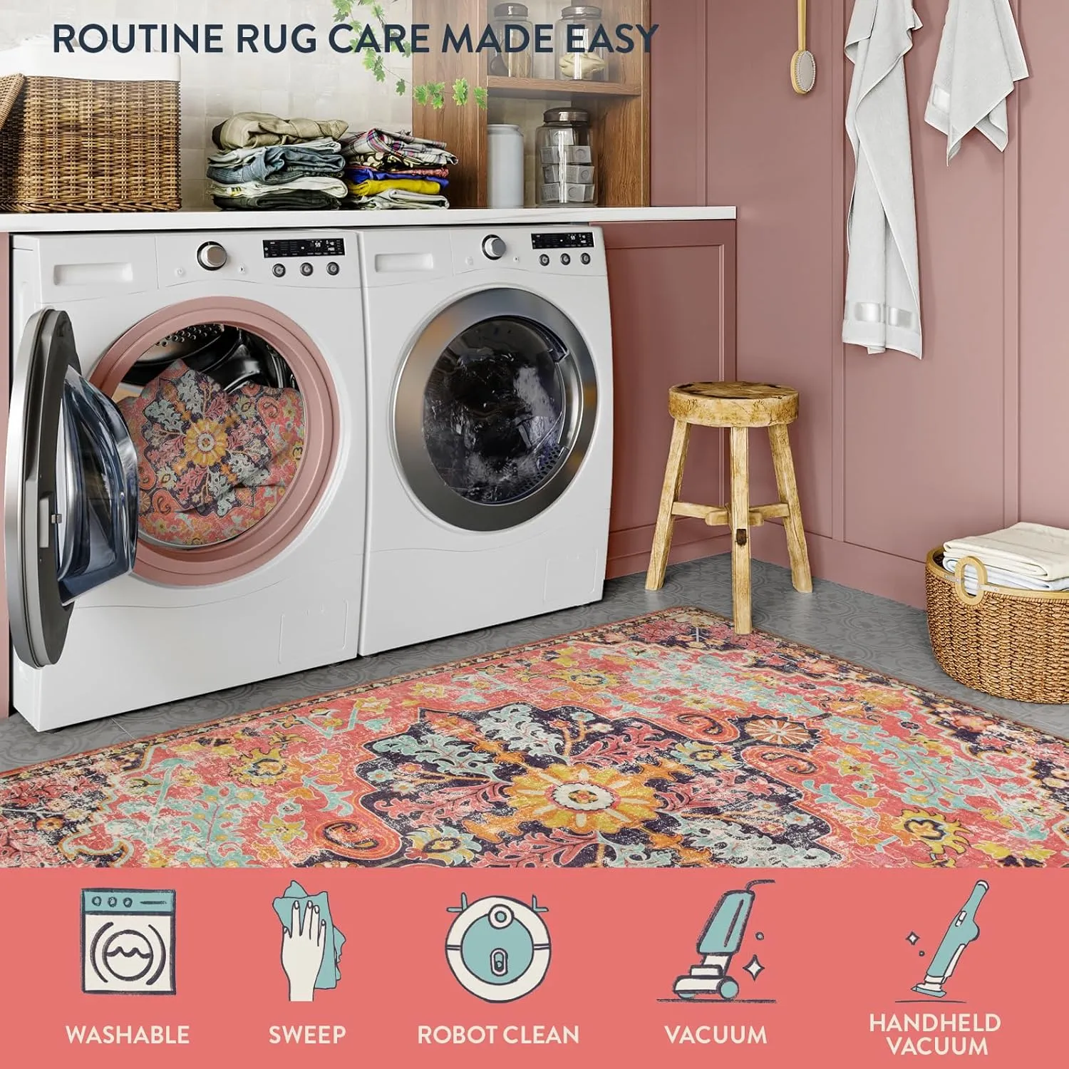 Lahome 5x7 Boho Living Room Rug Colorful Bedroom Rug, Large Bohemian Nursery Rug, Hot Pink Non-Slip Machine Washable Soft Playroom Mat Indoor Floor Accent Carpet for Dining Table Mud Room
