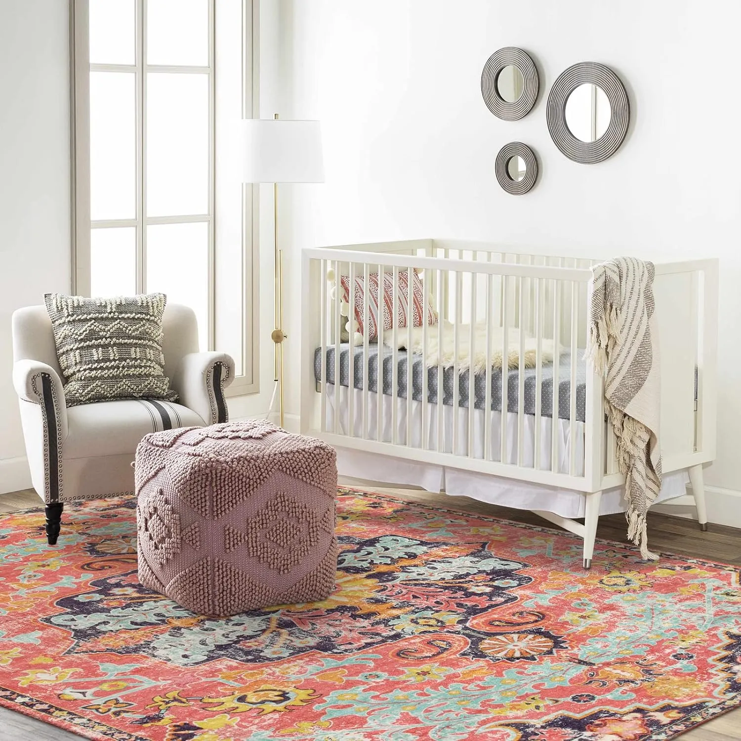 Lahome 5x7 Boho Living Room Rug Colorful Bedroom Rug, Large Bohemian Nursery Rug, Hot Pink Non-Slip Machine Washable Soft Playroom Mat Indoor Floor Accent Carpet for Dining Table Mud Room