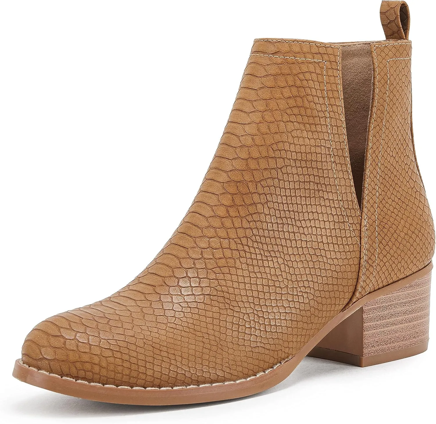 LAICIGO Women's V Cut Ankle Booties Low Stacked Heel Closed Toe Perforated Slipon Faux Leather Western Boots