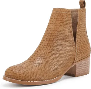 LAICIGO Women's V Cut Ankle Booties Low Stacked Heel Closed Toe Perforated Slipon Faux Leather Western Boots