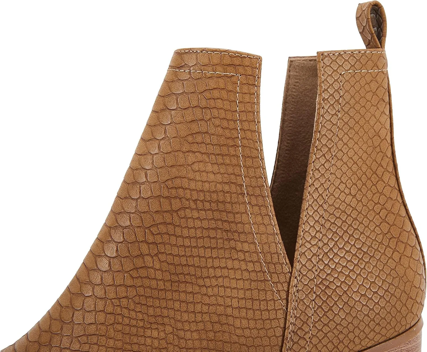 LAICIGO Women's V Cut Ankle Booties Low Stacked Heel Closed Toe Perforated Slipon Faux Leather Western Boots