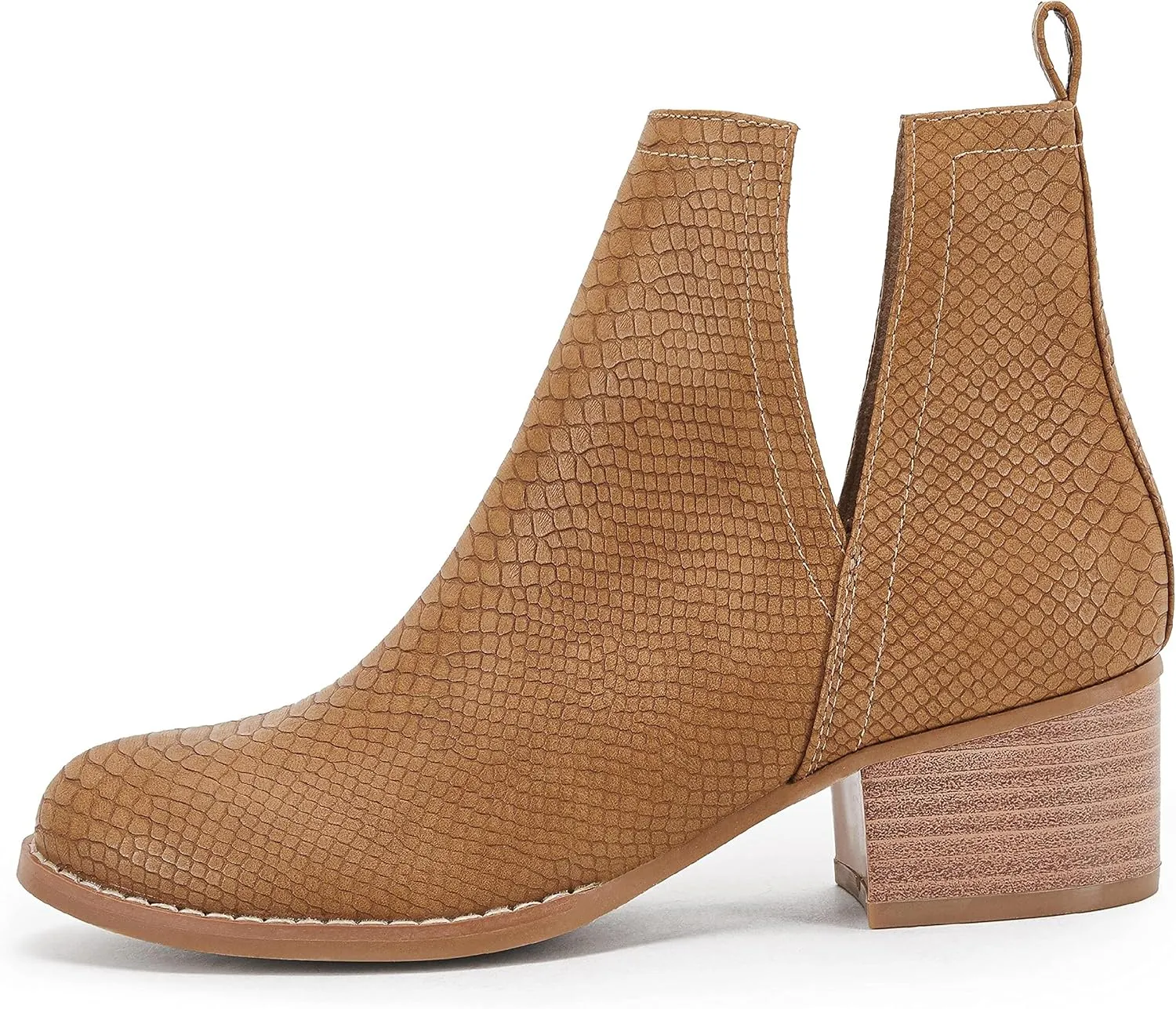 LAICIGO Women's V Cut Ankle Booties Low Stacked Heel Closed Toe Perforated Slipon Faux Leather Western Boots
