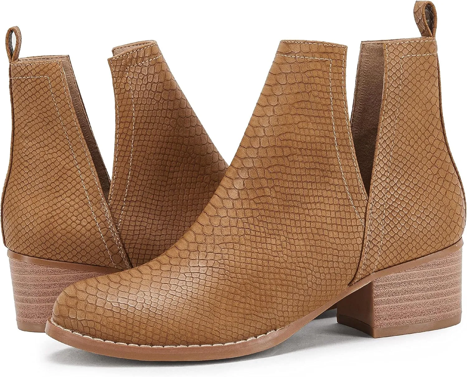 LAICIGO Women's V Cut Ankle Booties Low Stacked Heel Closed Toe Perforated Slipon Faux Leather Western Boots