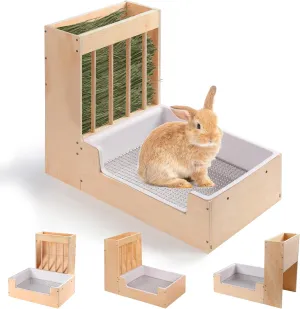 Large 2-in-1 Rabbit Hay Feeder & Litter Box Set, Wood, Mess Proof, for Guinea Pigs, Chinchillas, Hamsters, and Rabbits