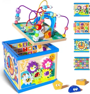 Large 5-in-1 Wooden Activity Cube Montessori for 1 Year Old - Multipurpose ABC-123 Abacus Bead Maze Shape Sorter with Colorful Beads.First Birthday Gifts for Boys & Girls