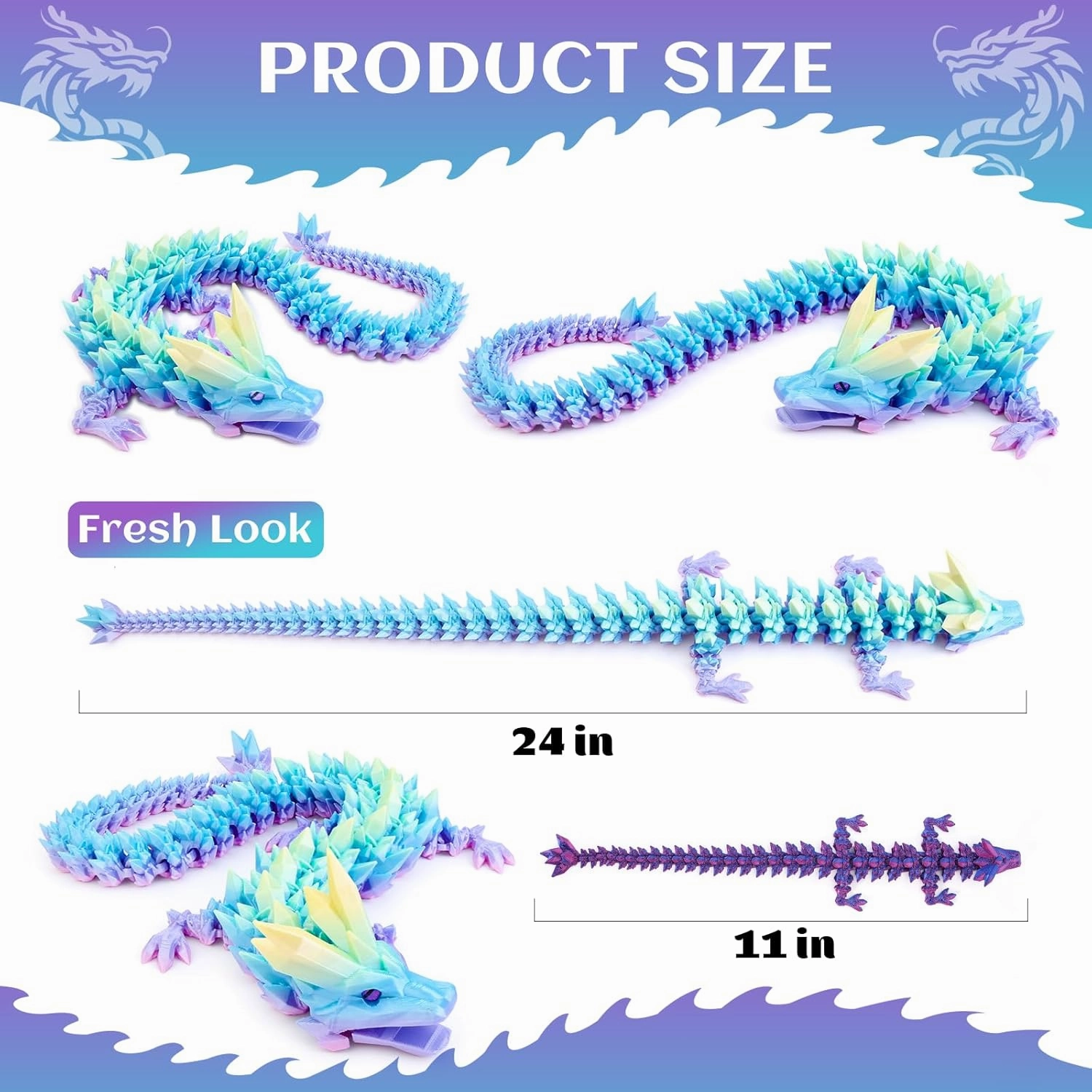 Large 3D Printed Dragon 24 inch- Articulated Crystal Dragon Toys, Big 3D Printed Animals ADHD Fidget Toy Gifts for Desk Decor, Perfect Desk Pet for Animal Collectors