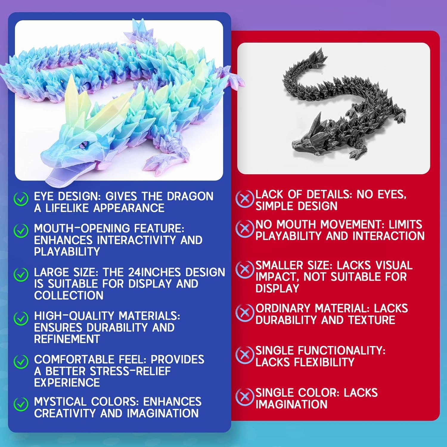 Large 3D Printed Dragon 24 inch- Articulated Crystal Dragon Toys, Big 3D Printed Animals ADHD Fidget Toy Gifts for Desk Decor, Perfect Desk Pet for Animal Collectors