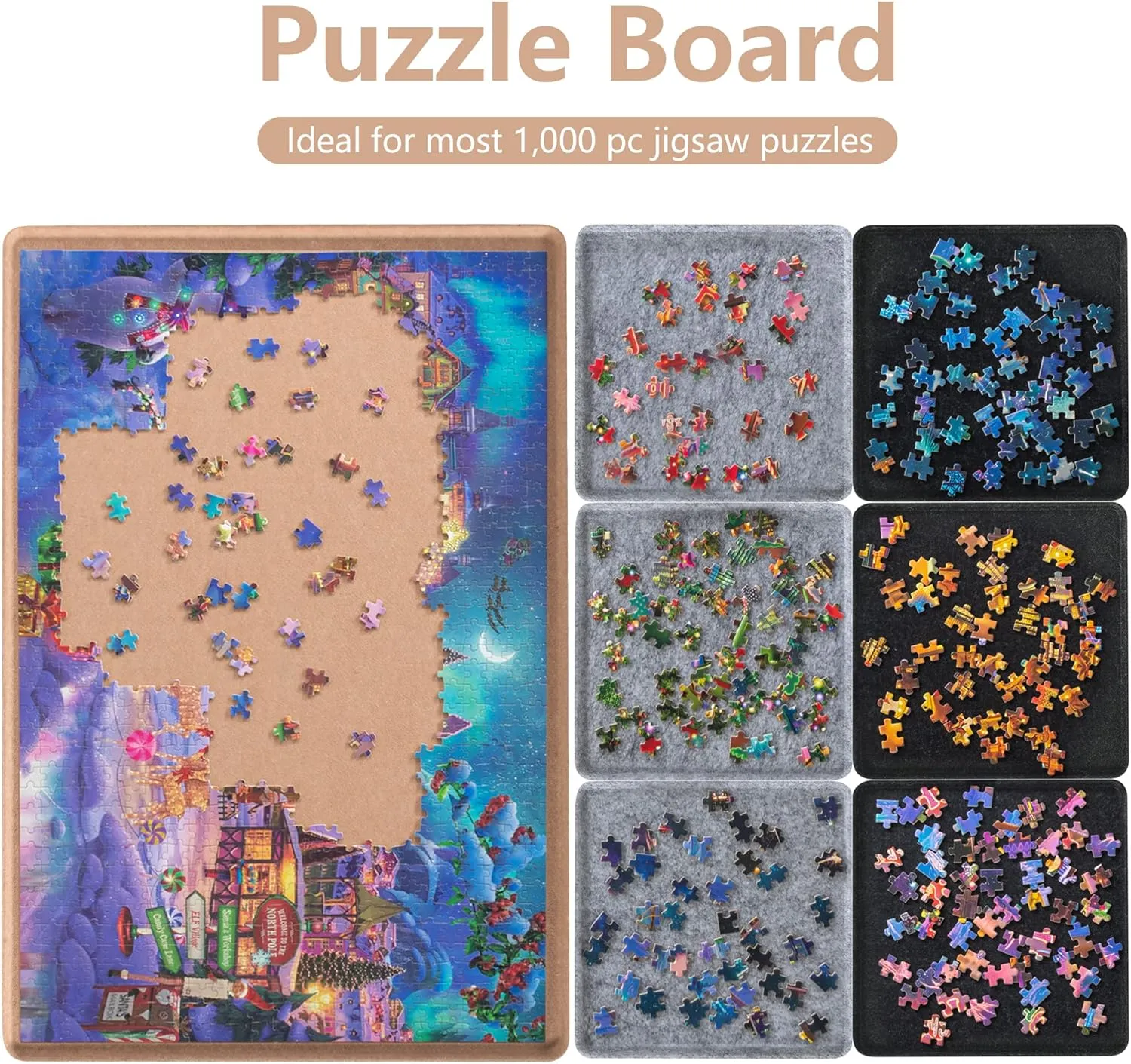 Lavievert Jigsaw Puzzle Board with 6 Sorting Trays, Lightweight Portable Felt Puzzle Mat Puzzle Storage Puzzle Saver for Up to 1000 Pieces - Khaki