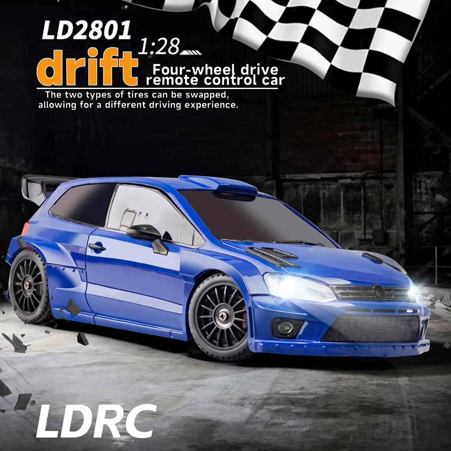 LD2801 1/28 Mini RC Drift Car GTR 2.4GHz 4WD RTR with 4PCS Drift Tires Racing Radio Control Cars (Blue)
