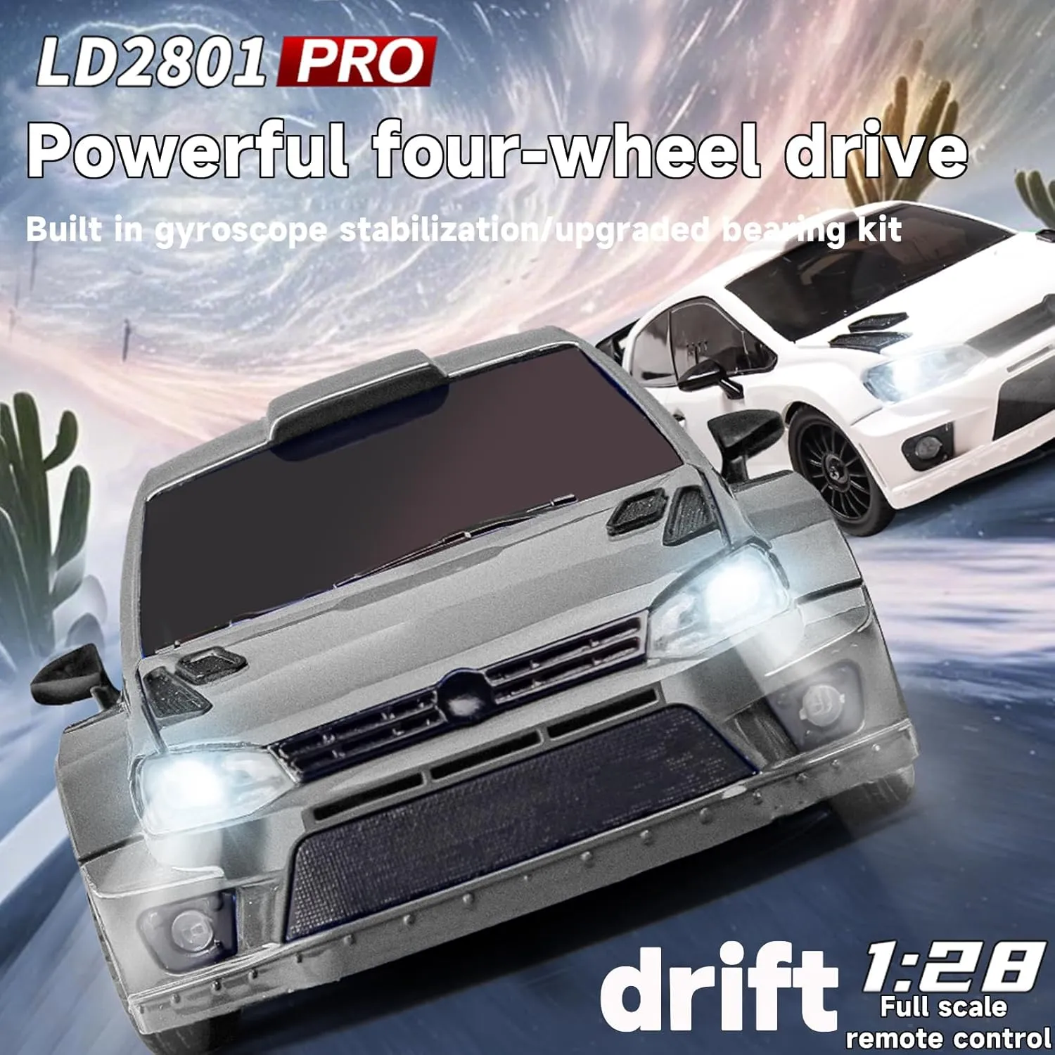 LD2801PRO 1/28 Mini RC Drift Car GTR 2.4GHz 4WD RTR with Gyro and 4PCS Drift Tires Racing Radio Control Cars (Silvery)
