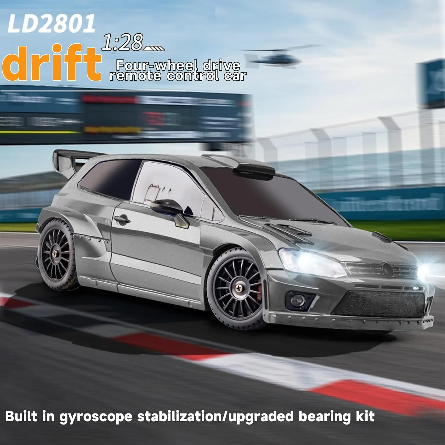 LD2801PRO 1/28 Mini RC Drift Car GTR 2.4GHz 4WD RTR with Gyro and 4PCS Drift Tires Racing Radio Control Cars (Silvery)