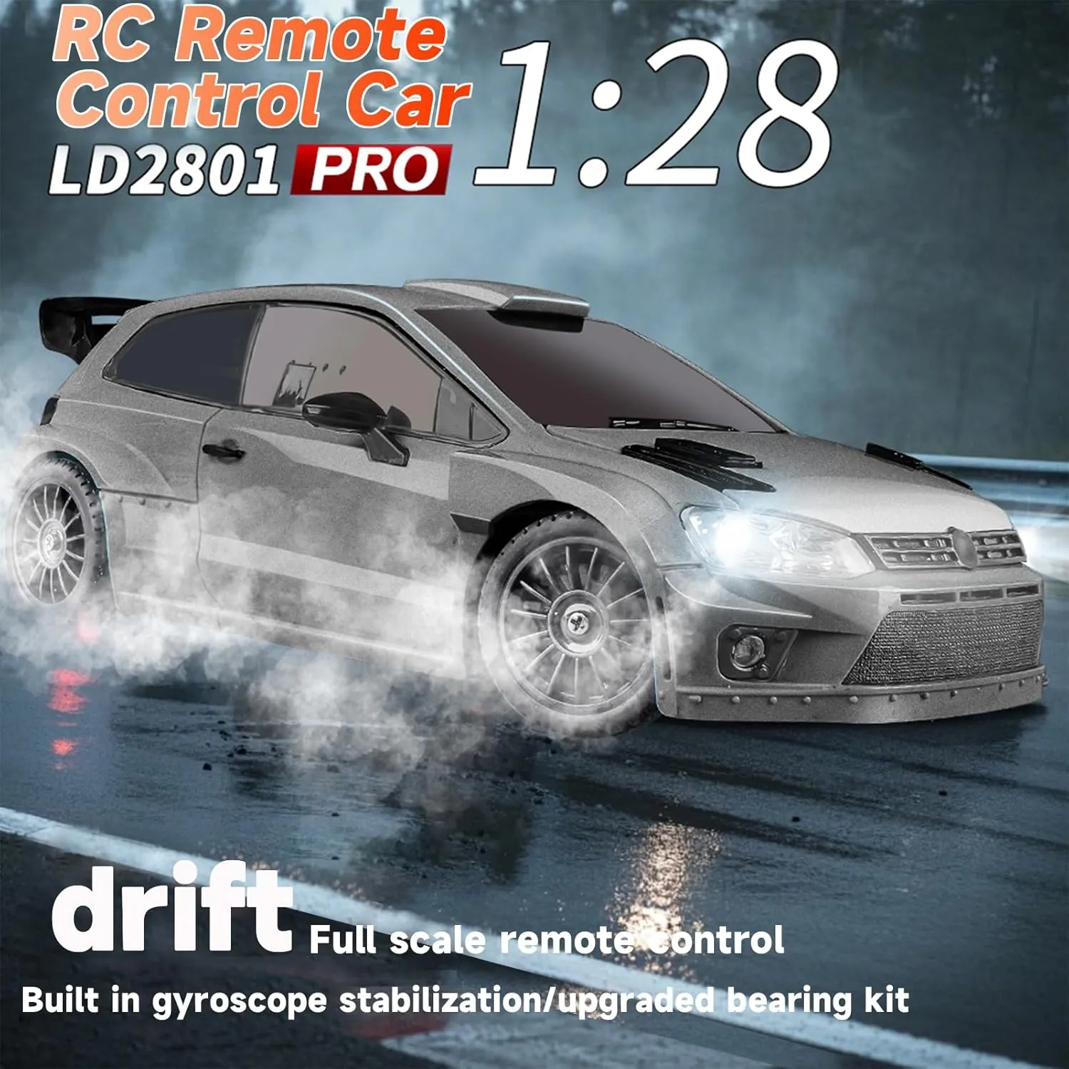 LD2801PRO 1/28 Mini RC Drift Car GTR 2.4GHz 4WD RTR with Gyro and 4PCS Drift Tires Racing Radio Control Cars (Silvery)