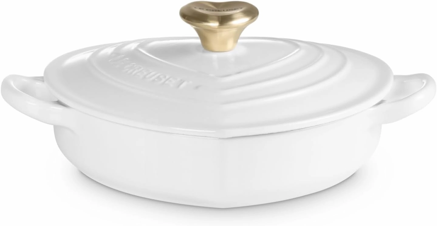Le Creuset Enameled Cast Iron Traditional Shallow Heart Cocotte, 1.25 Qt., White Light Gold Heart Knob