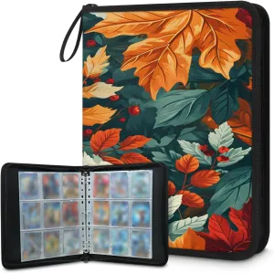 Leafy Fall Plants 3 Ring Trading Zipper Binder Strap, Trading Card Binder 4 Pocket, 400 Pockets Card Holder with 50 Removable Sleeves for Game Cards
