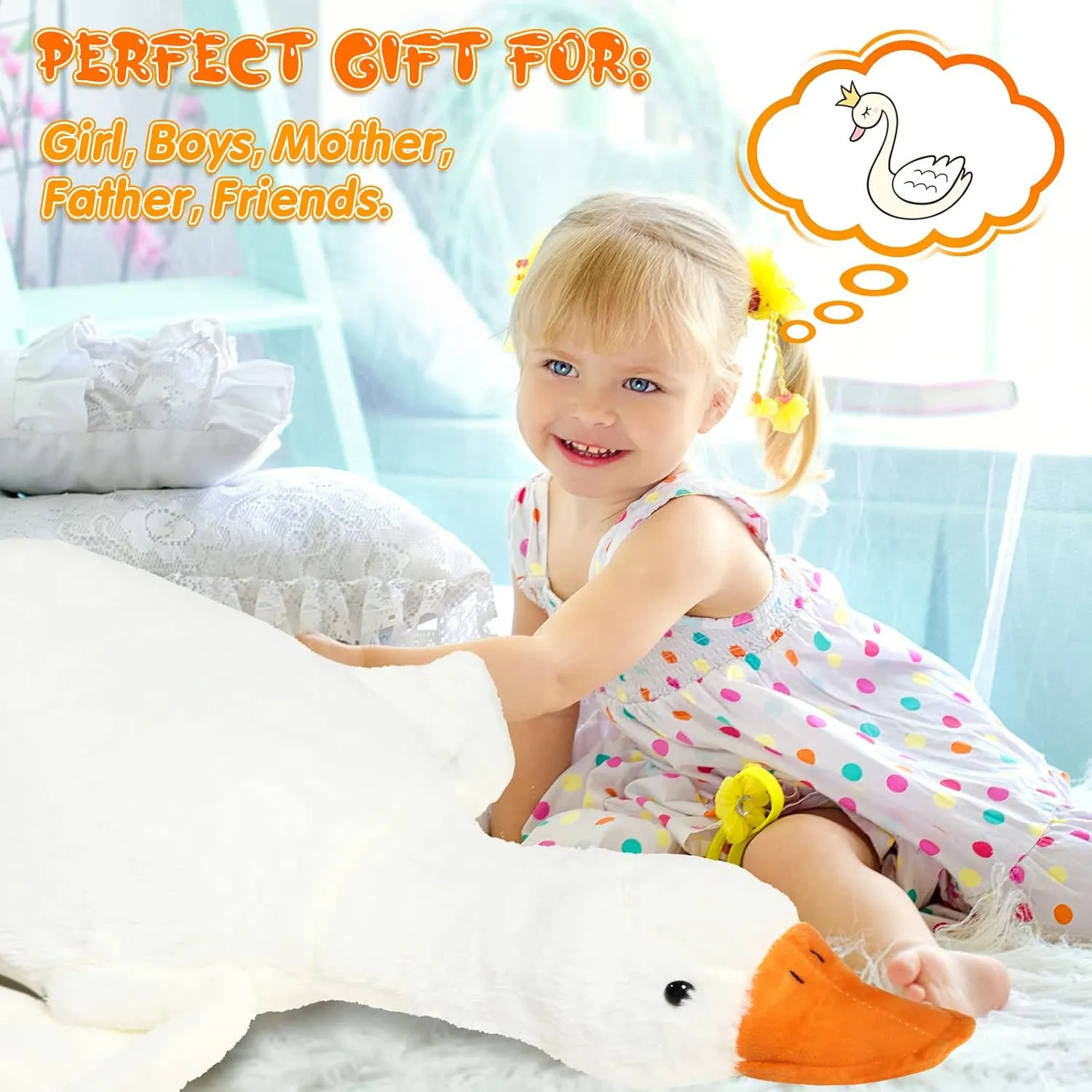 Lenwen 51.2 Inch Giant Goose Stuffed Animal Large Stuffed Duck Plush Toy Big Soft Duck Animals Cute Goose Pillow Birthday Party Gifts for Kids Boys Girls(White)