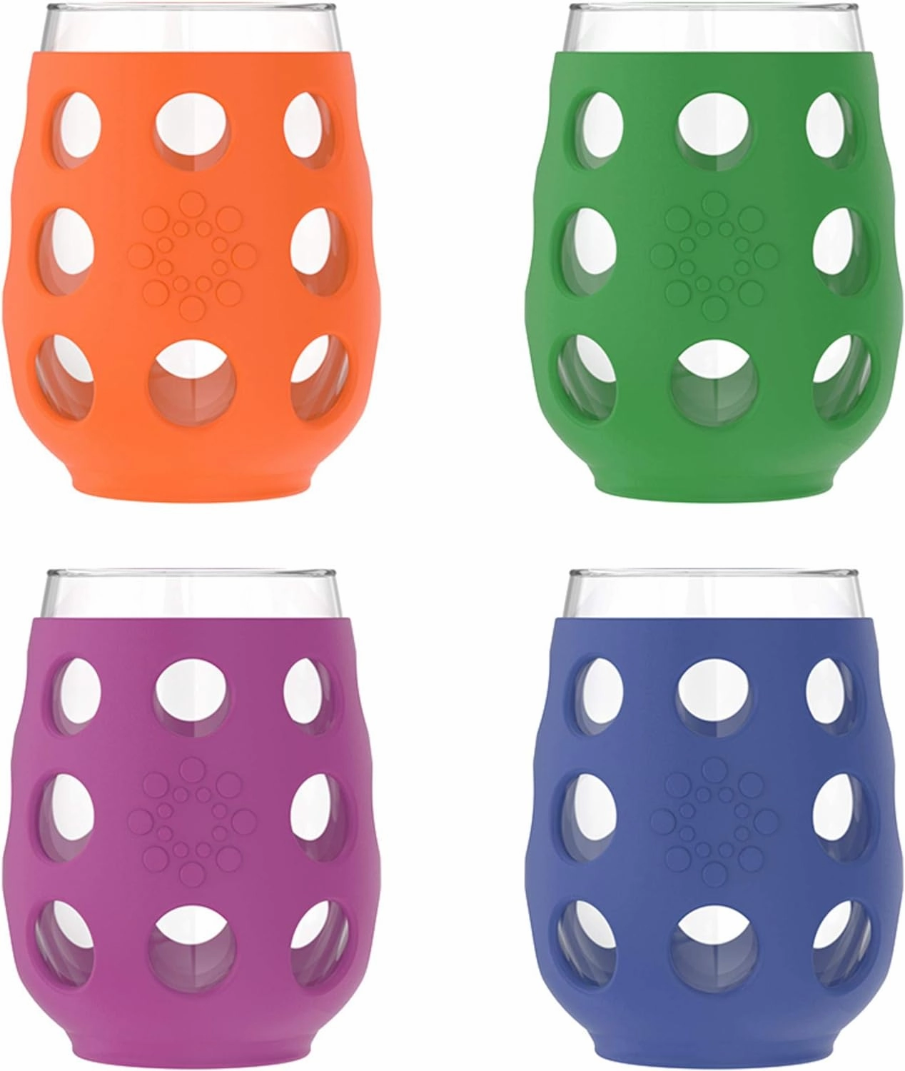 Lifefactory Wine Glass with Protective Silicone Sleeve, 4 Count (Pack of 1), Orange, Cobalt, Grass Green and Huckleberry