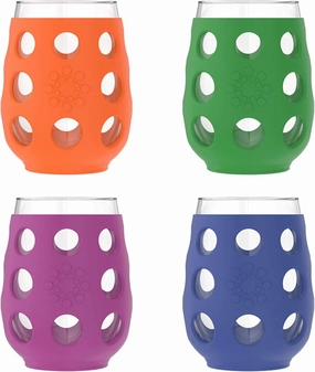 Lifefactory Wine Glass with Protective Silicone Sleeve, 4 Count (Pack of 1), Orange, Cobalt, Grass Green and Huckleberry