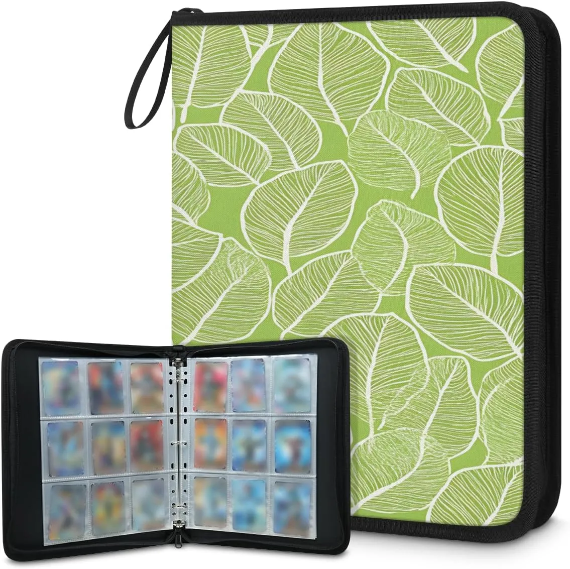 Light Green Leaf 3 Ring Trading Zipper Binder Strap, Trading Card Binder 9 Pocket, 900 Pockets Card Holder with 50 Removable Sleeves for Game Cards
