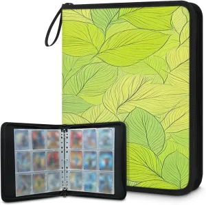 Light Green Leaves 3 Ring Trading Zipper Binder Strap, Trading Card Binder 9 Pocket, 900 Pockets Card Holder with 50 Removable Sleeves for Game Cards