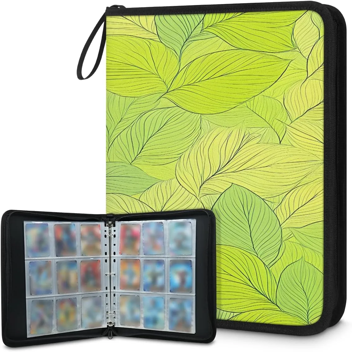 Light Green Leaves 3 Ring Trading Zipper Binder Strap, Trading Card Binder 9 Pocket, 900 Pockets Card Holder with 50 Removable Sleeves for Game Cards