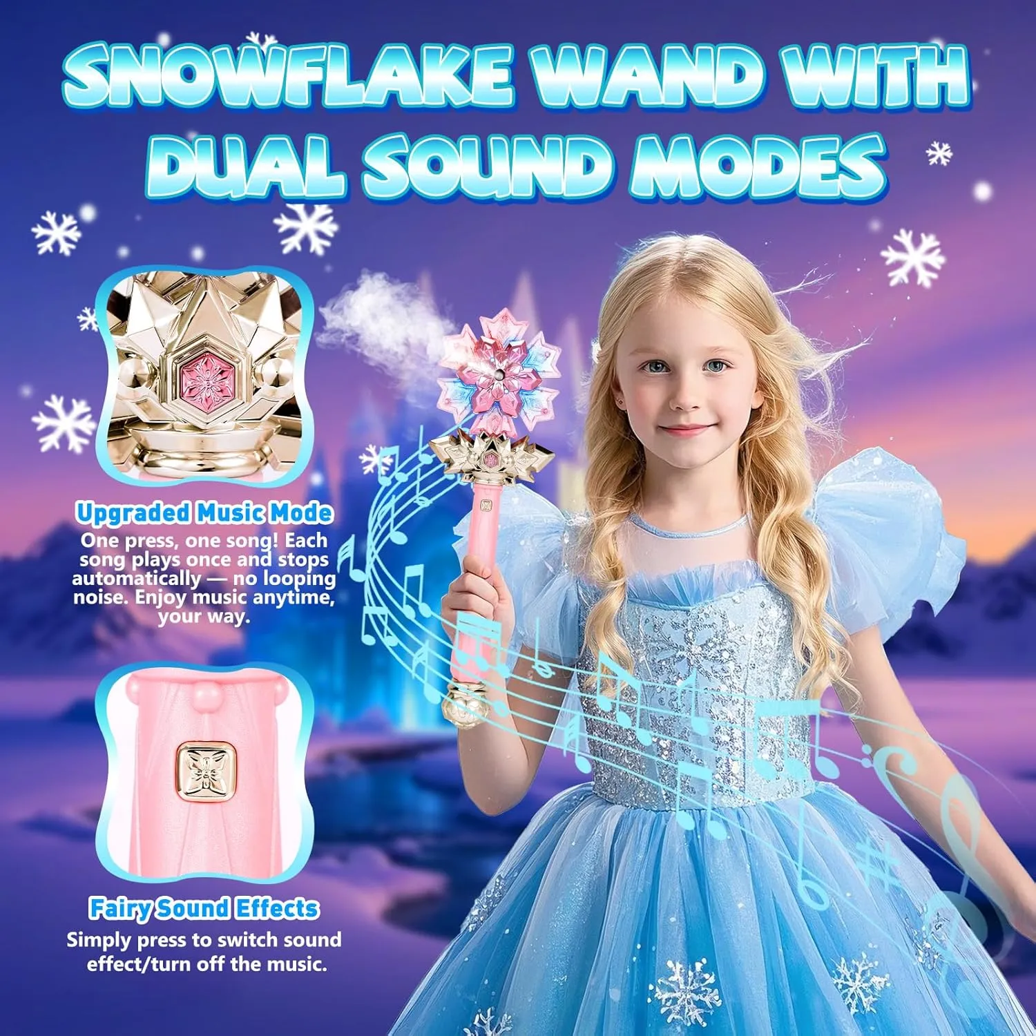 Light Up Frozen Snowflake Wand with Spray & Music 2PCS Princess Magic Toy Wands for Kids Girls Cosplay Birthday Party Favors, Pink