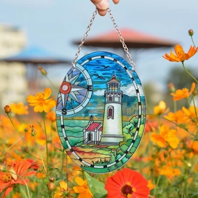 Lighthouse Stained Glass Window Hanging, Suncatchers for Windows Birthday Gift for Mom Multicolor Stained Glass for Lighthouse Suncatcher Window Panel Window Hanging Personality Ornament (Lighthouse)
