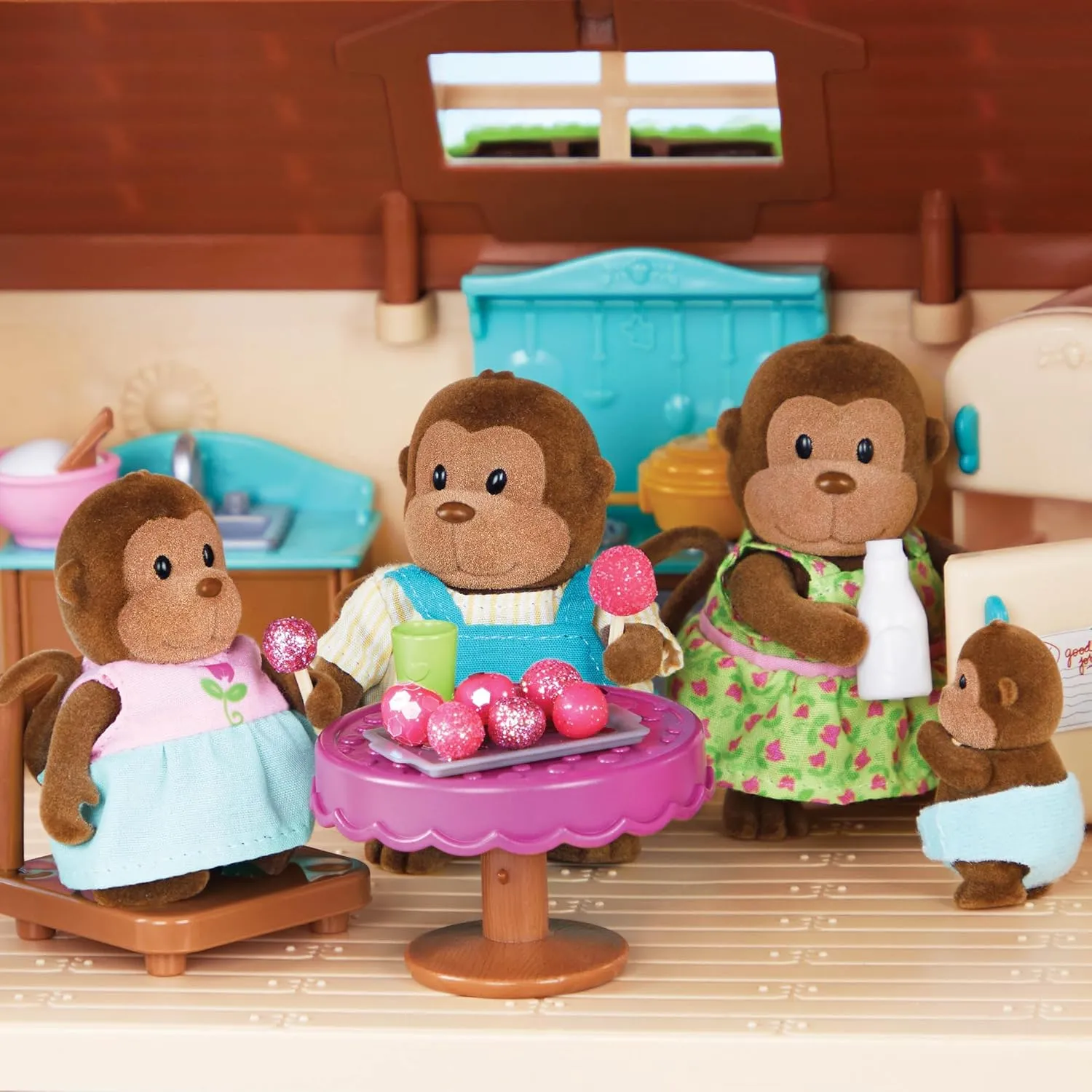 Li'l Woodzeez – The O'Funnigan Monkey Family – Set of 4 Collectible Posable Monkey Figures with Storybook – Pretend Play Doll Figures – Gift Toy for Kids Age 3 