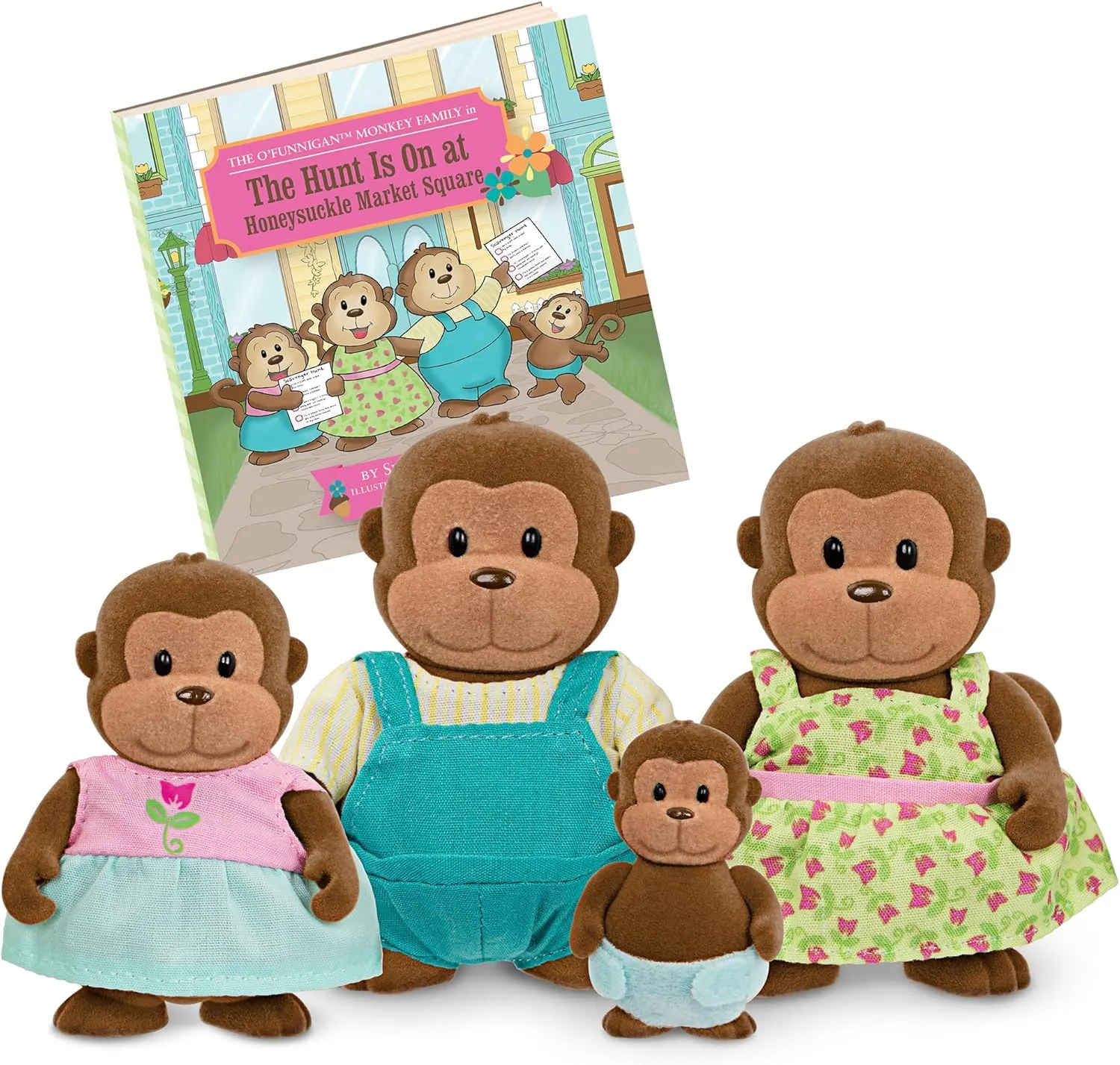 Li'l Woodzeez – The O'Funnigan Monkey Family – Set of 4 Collectible Posable Monkey Figures with Storybook – Pretend Play Doll Figures – Gift Toy for Kids Age 3 