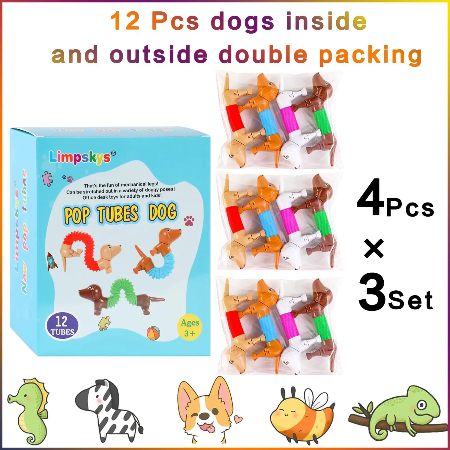 Limpskys Dog pop Tubes fidgets, Travel Toys for Toddlers 3-5, Sensory Toys for Kids 5-7, fidgets for Kids, Animal pop Tubes, Easter Egg fillers,Easter Basket Stuffers（12 Pcs Dog）