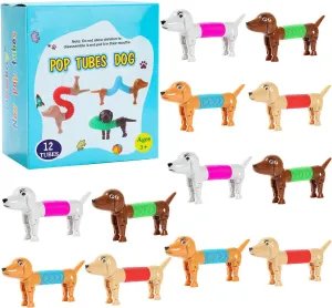 Limpskys Dog pop Tubes fidgets, Travel Toys for Toddlers 3-5, Sensory Toys for Kids 5-7, fidgets for Kids, Animal pop Tubes, Easter Egg fillers,Easter Basket Stuffers（12 Pcs Dog）