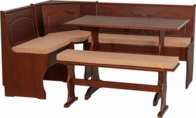 Linon Destin Walnut Solid Pine Wood Three Piece Kitchen and Dining Nook Set with Matching Four Piece Beige Cushion Set