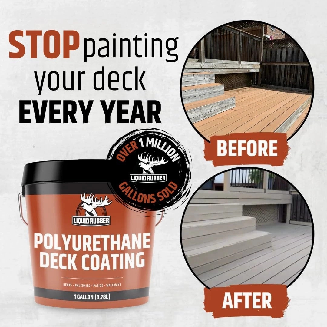 Liquid Rubber Polyurethane Deck Coating – 10X Stronger Than Traditional Deck Paint & Deck Stain – Flexible, Waterproof Sealant for Wood, Concrete & Plywood – Textured Finish – Stone Gray – 1 Gallon