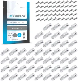 Litcessory Lightstrip Mounting Clip for Philips HUE Lightstrip - 50 Pack, Transparent, Strong, Removable - Includes Wood Screws - Easy Installation