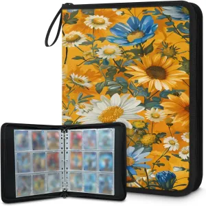 Lively Sunflowers 3 Ring Trading Zipper Binder Strap, Trading Card Binder 4 Pocket, 400 Pockets Card Holder with 50 Removable Sleeves for Game Cards