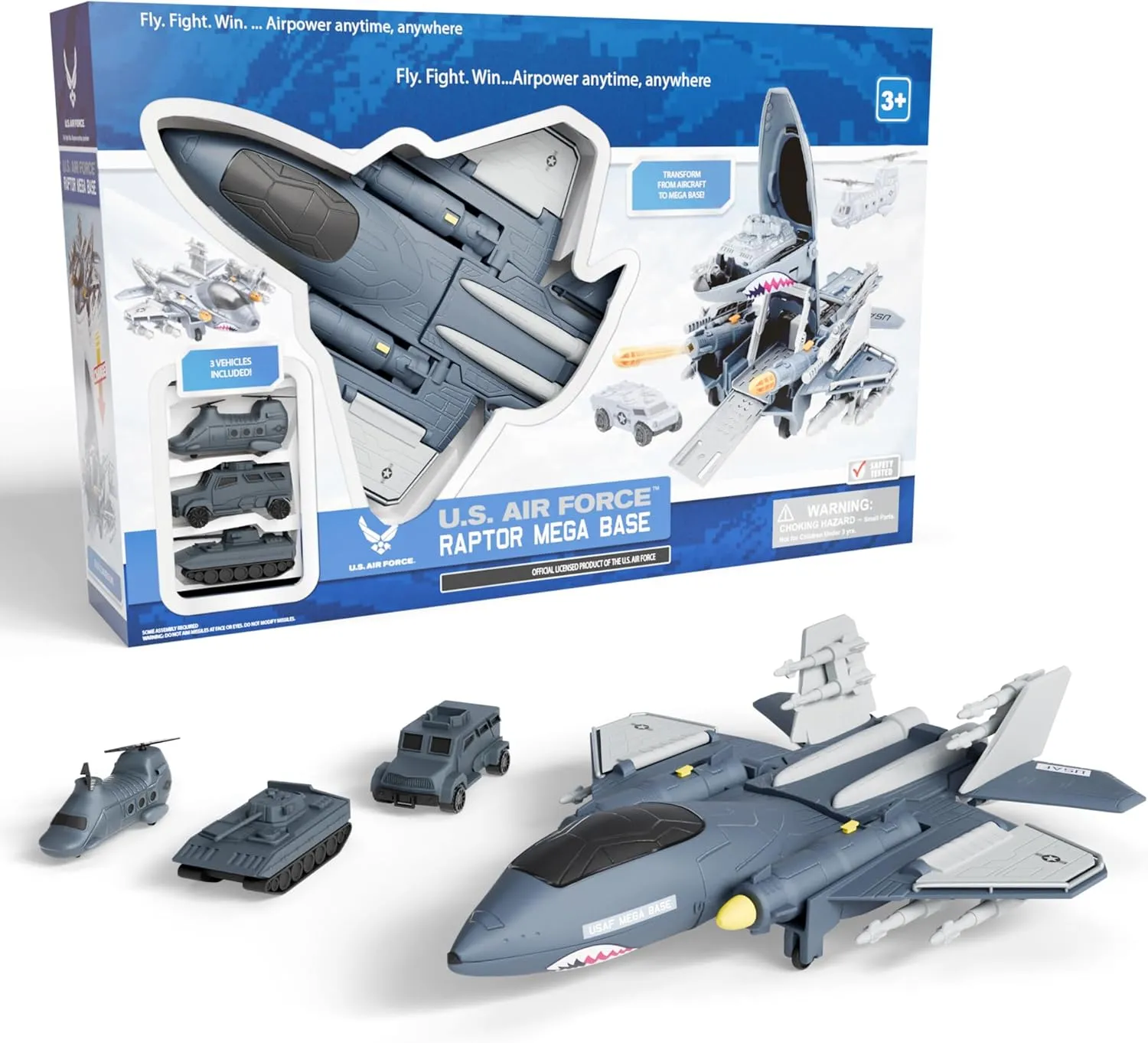 Lollipop Military Aircraft Carrier, Military Vehicle Set, Airplane Transport Playset, Tank Army Toys, US Air Force with Raptor Mega Base - Perfect for Gift for Kids