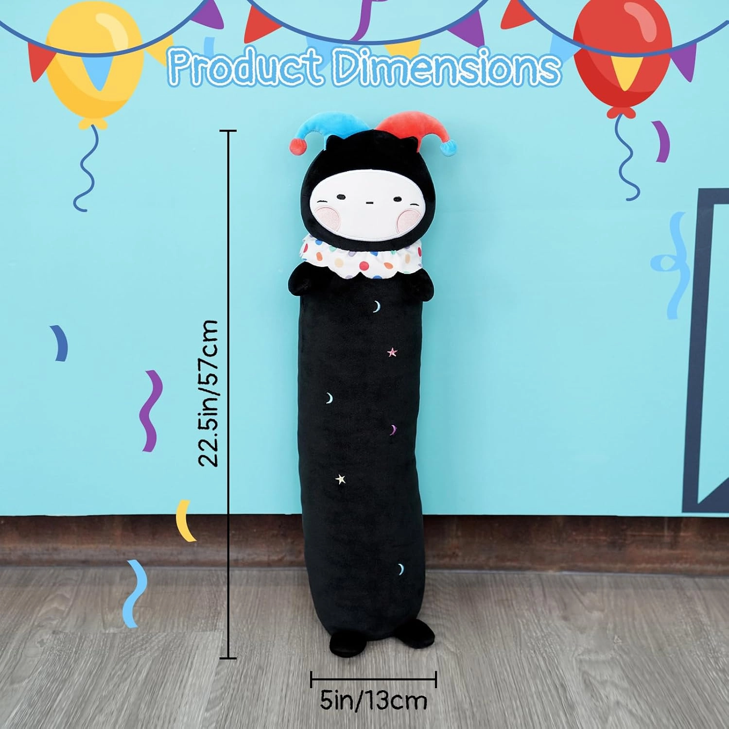 Long Cat Plush Body Pillow, Cute Halloween Clown Plush Long Cat Throw Pillow, Kawaii Stuffed Animal Clown Cat Plush Toys for Kids, Boys, Girls (Black, 61cm/24in)