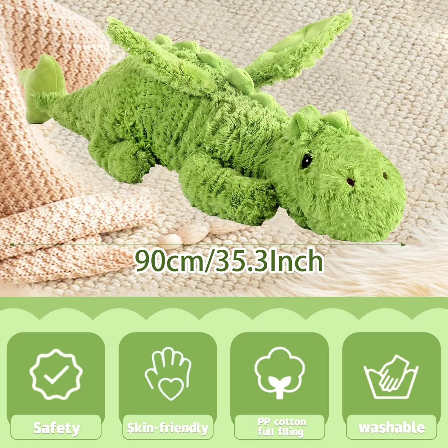 Lucky Dragon Plush Pillow,Soft Cute Flying Dragon Stuffed Animals-35.3inch Large Kawaii Dragon Animal Plushies Toy,Perfect Birthday Present for Adults and Children,Green