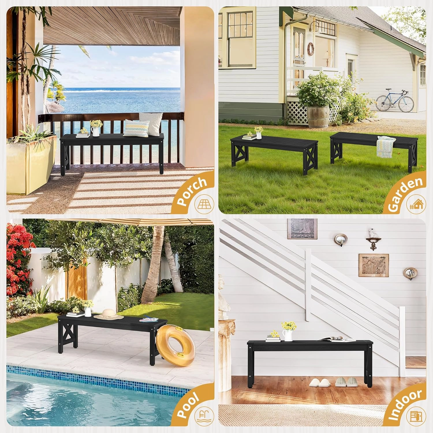 LUE BONA HDPS Outdoor Bench with Crossed Legs, Outdoor Benches Weatherproof 2-Person Backless, All-Weather Heavy-Duty Garden Bench for Porch, Patio, Lawn and Backyard, Black