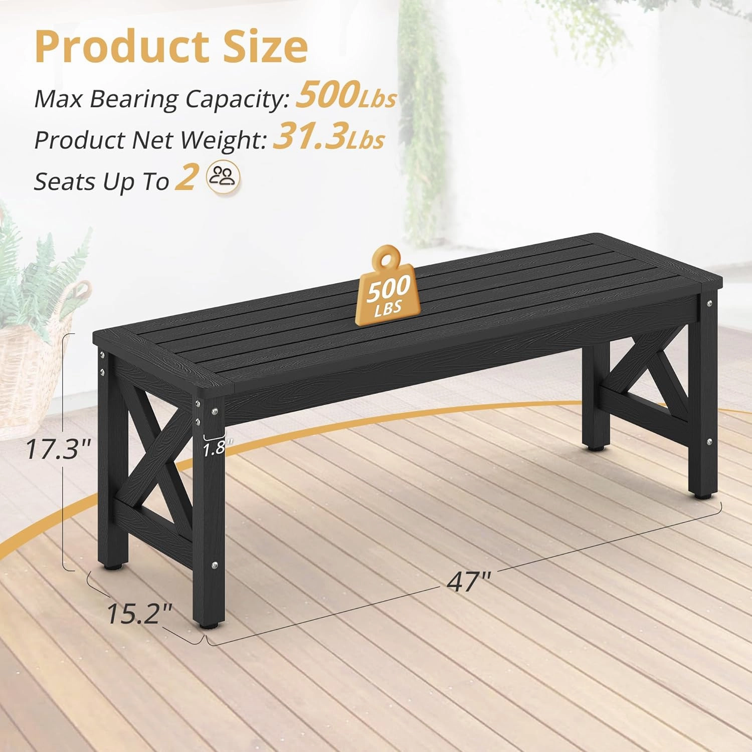 LUE BONA HDPS Outdoor Bench with Crossed Legs, Outdoor Benches Weatherproof 2-Person Backless, All-Weather Heavy-Duty Garden Bench for Porch, Patio, Lawn and Backyard, Black