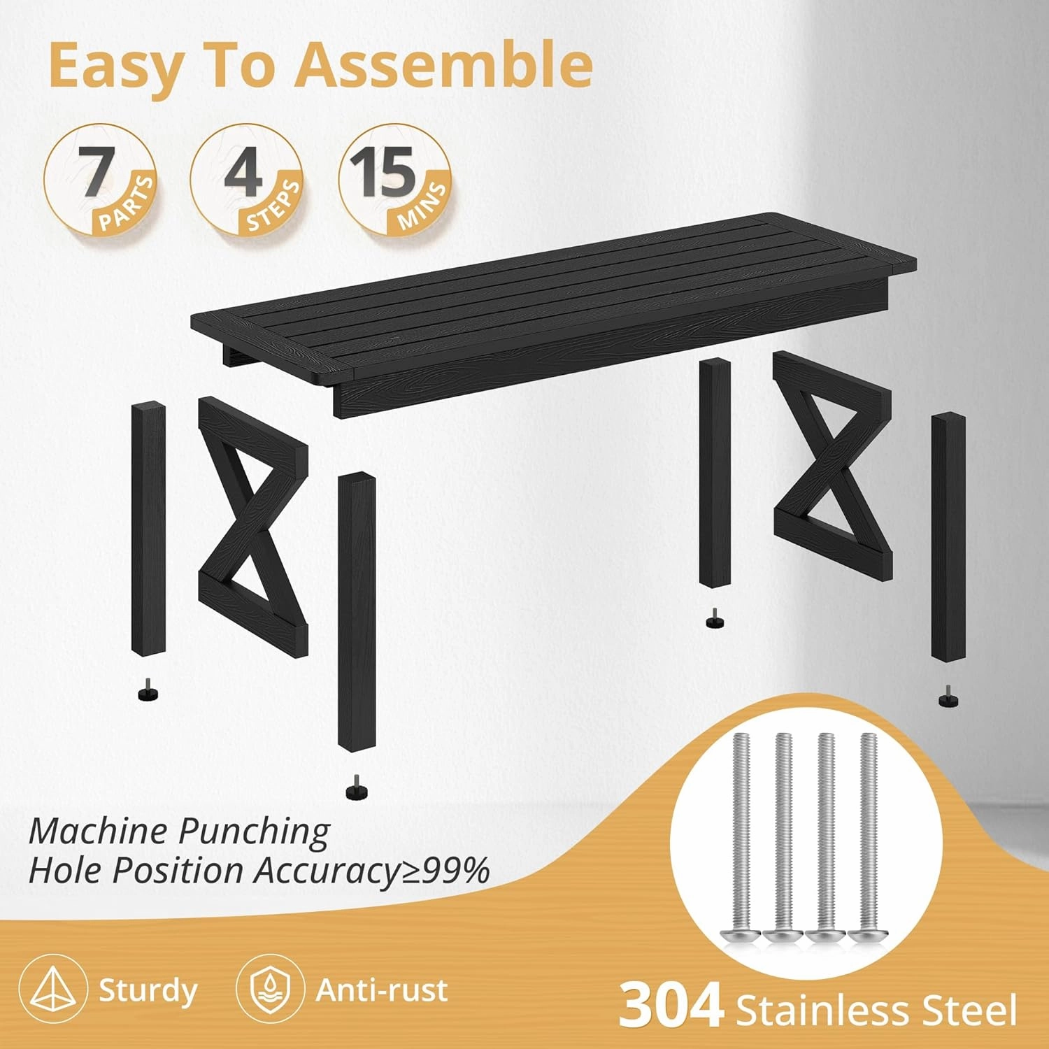 LUE BONA HDPS Outdoor Bench with Crossed Legs, Outdoor Benches Weatherproof 2-Person Backless, All-Weather Heavy-Duty Garden Bench for Porch, Patio, Lawn and Backyard, Black