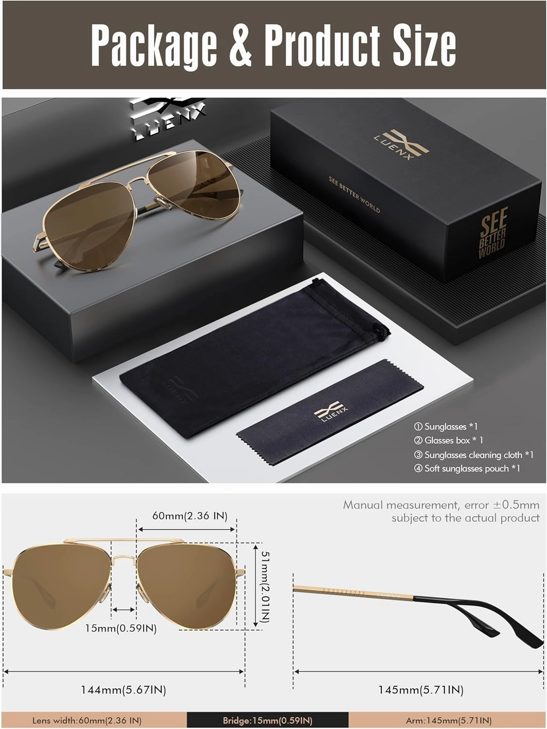 LUENX Aviator Sunglasses for Men Women Polarized Driving Classic Shades - UV 400 Protection with Accessories 60MM