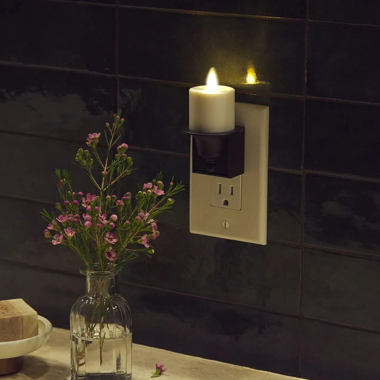 Luminara Flameless Candle Black Nightlight with Motion Sensor - Plugin Night LED Light with Patented Real-Flame Effect Technology - Safe for Kids and Pets - Auto Dusk to Dawn