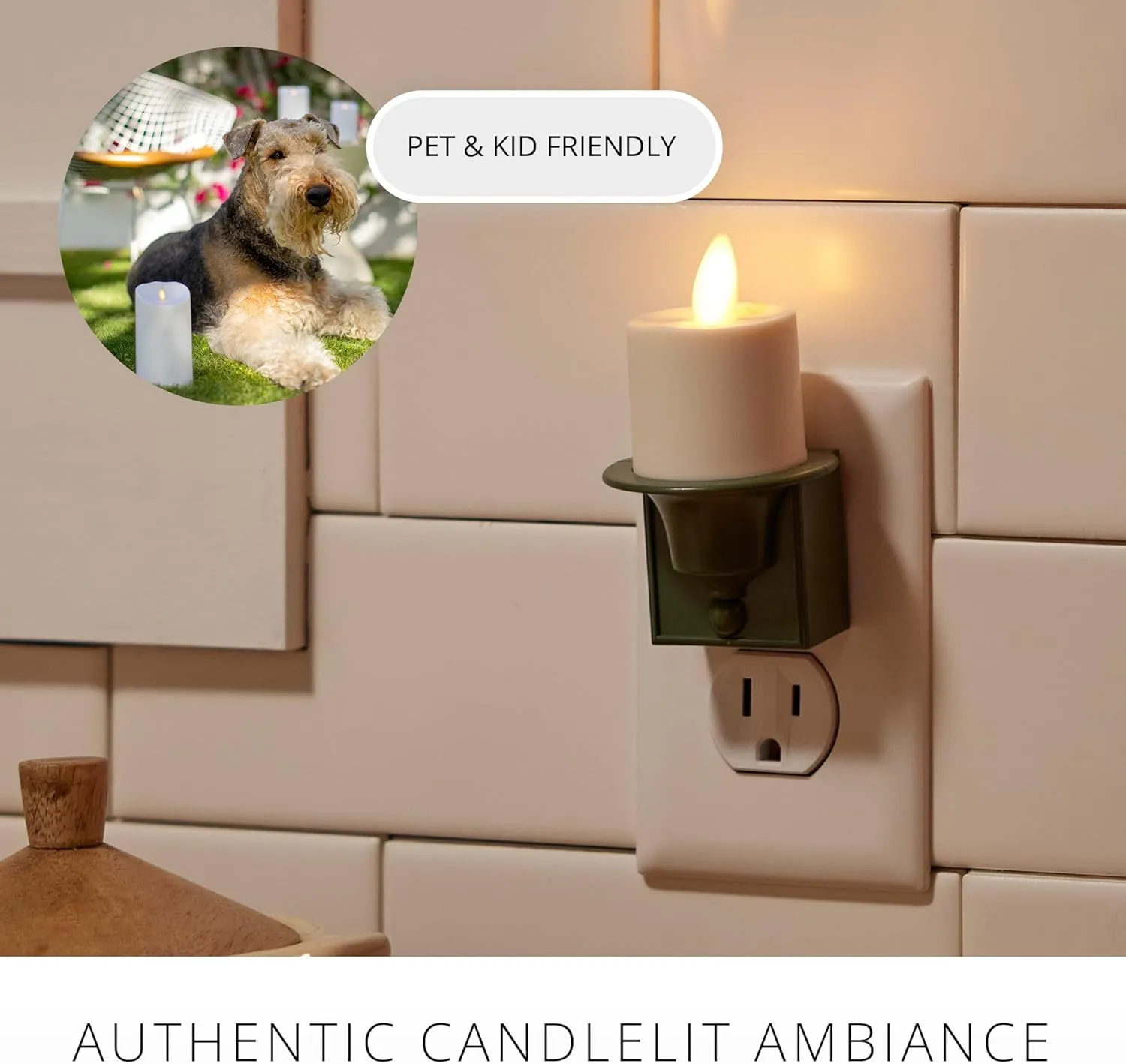 Luminara Flameless Candle Loden Green Nightlight with Motion Sensor - Plugin Night LED Light with Patented Real-Flame Effect Technology - Safe for Kids and Pets - Auto Dusk to Dawn