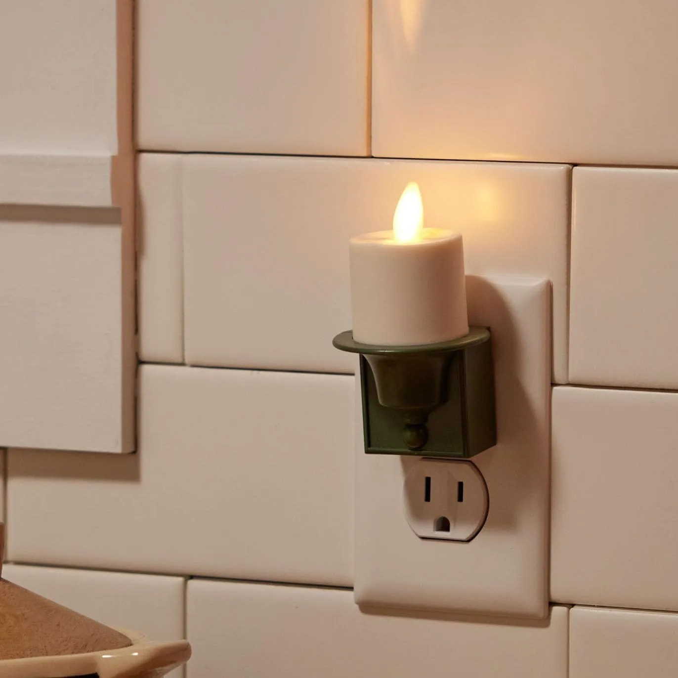 Luminara Flameless Candle Loden Green Nightlight with Motion Sensor - Plugin Night LED Light with Patented Real-Flame Effect Technology - Safe for Kids and Pets - Auto Dusk to Dawn