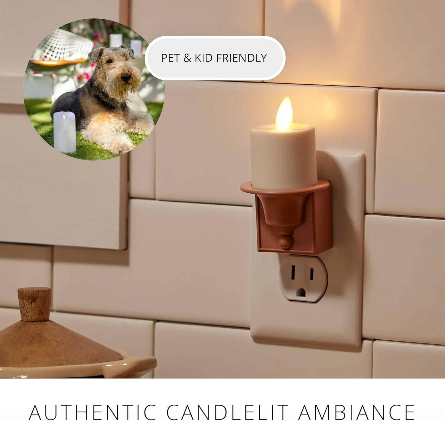 Luminara Nightlight Flameless Candle, Baked Clay, Electrical Outlet Plugs w/Dusk Dawn Sensor Auto Switch On/Off for Home Safety, Window Decorative
