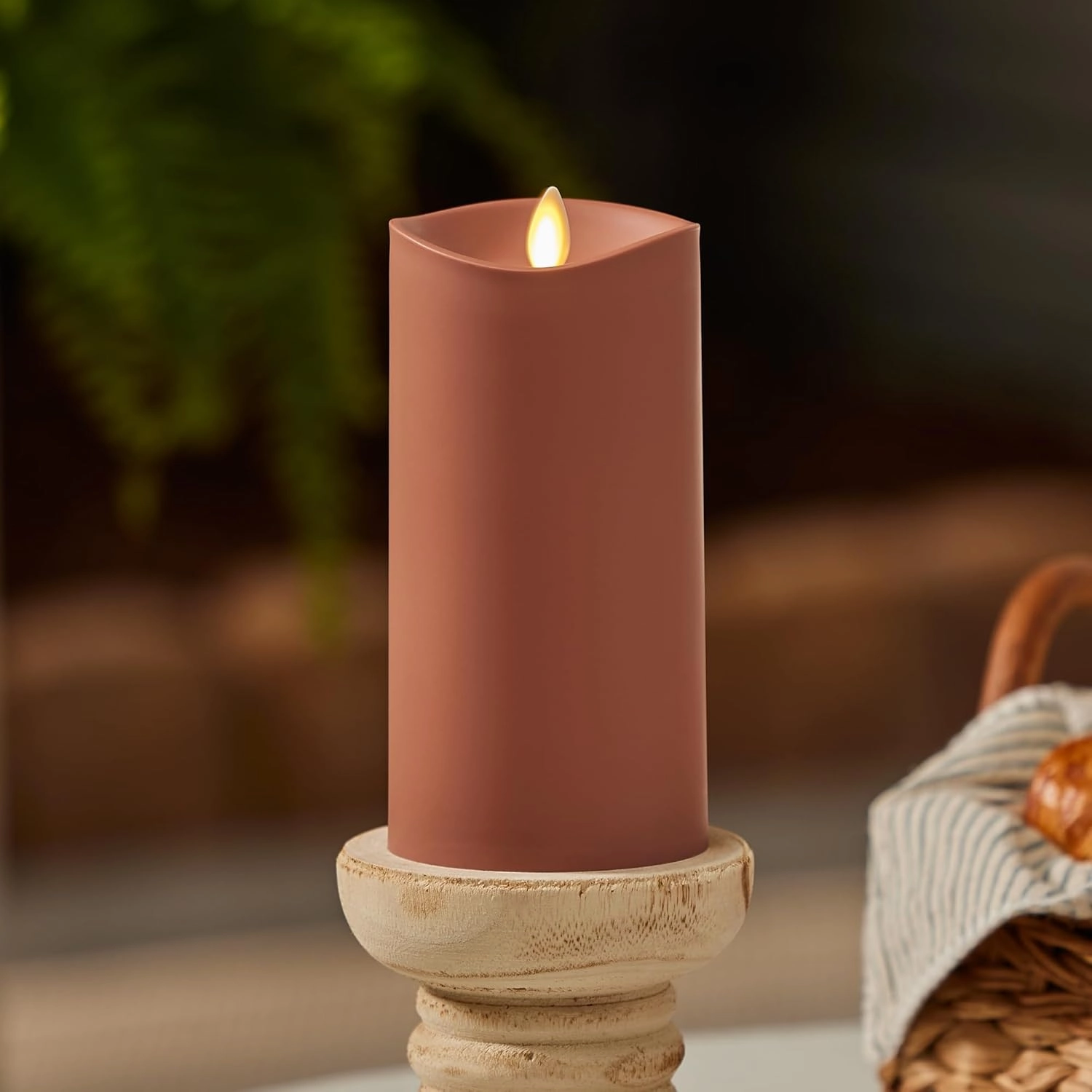 Luminara Outdoor Flameless LED Candle, Baked Clay 3.25" x 7", Moving Flame Pillar Timer Battery Operated Premium Plastic IPX4 Water Resistance