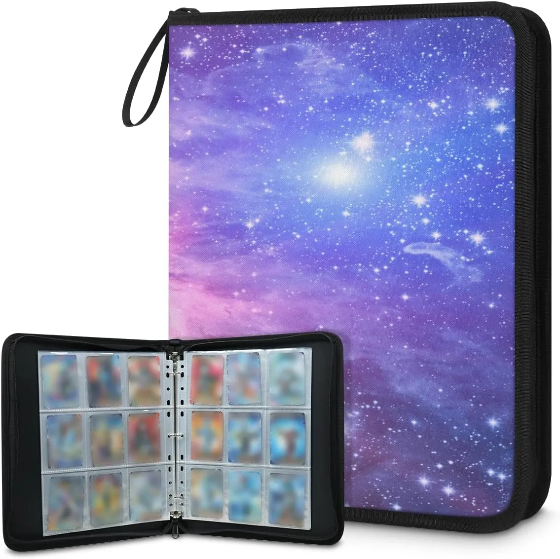 Luminous Galaxy 3 Ring Trading Zipper Binder Strap, Trading Card Binder 9 Pocket, 900 Pockets Card Holder with 50 Removable Sleeves for Game Cards
