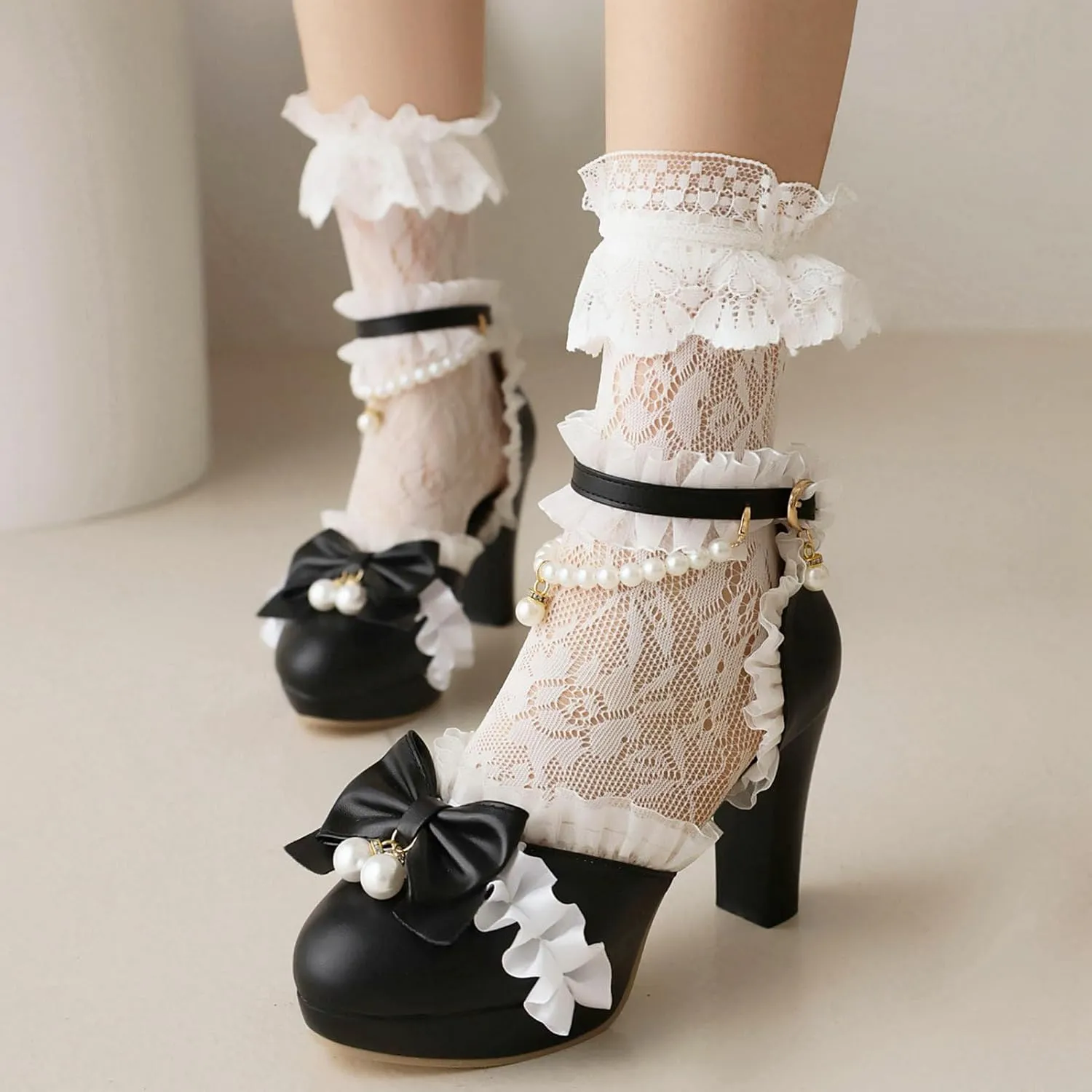 LUXMAX Women Cute Platform Mary Janes Ankle Strap Kawaii Shoes Block High Heel Lolita Pumps