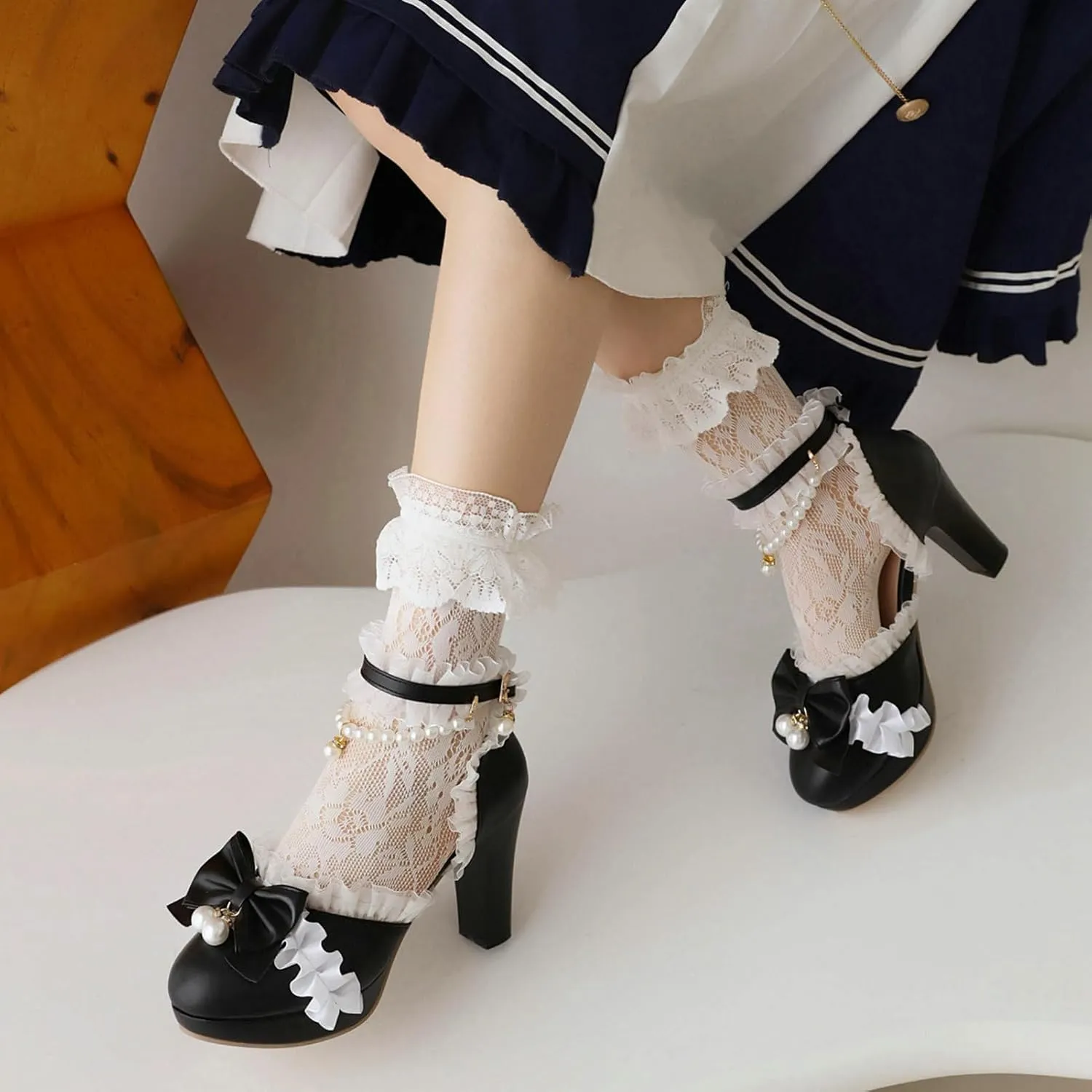 LUXMAX Women Cute Platform Mary Janes Ankle Strap Kawaii Shoes Block High Heel Lolita Pumps
